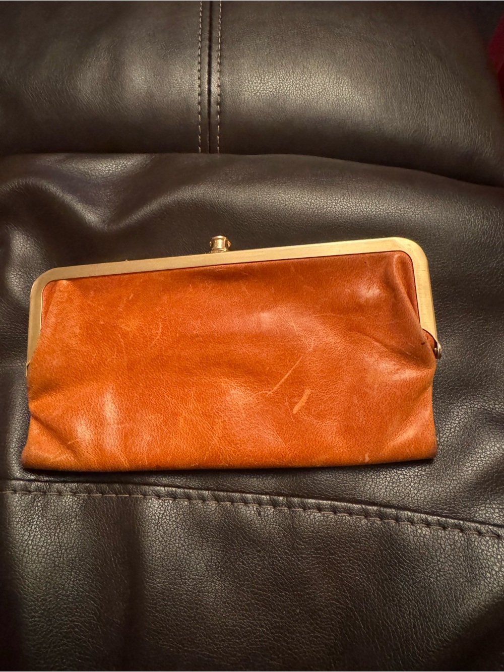 Classic Orange Leather Frame Clutch - Tan